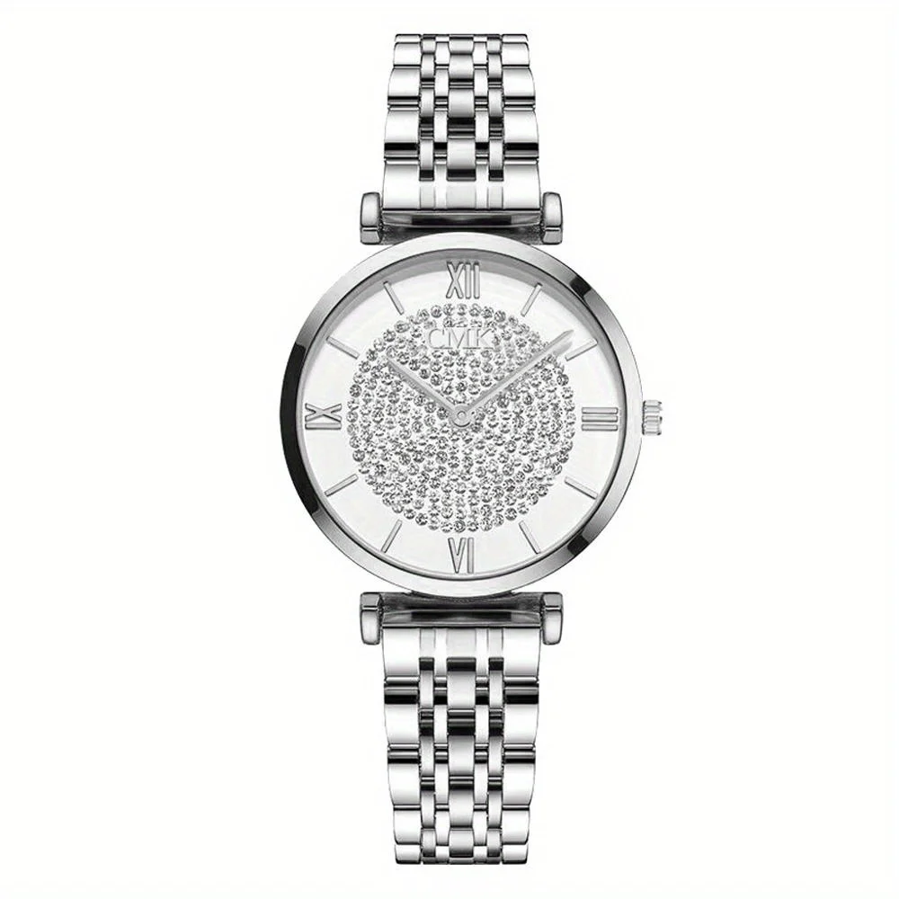 Luxurious Vintage Roman Numeral Dial Quartz Watch with Round Pointer & Rhinestone Decorations & Stainless Steel Band