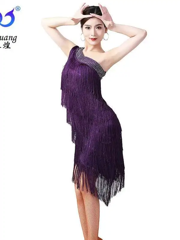 Costume da spettacolo di danza latina Abito da ballo con nappe Abito da ballo di danza del ventre Chacha Abito da competizione teatrale Abito da ballo con spalla inclinata