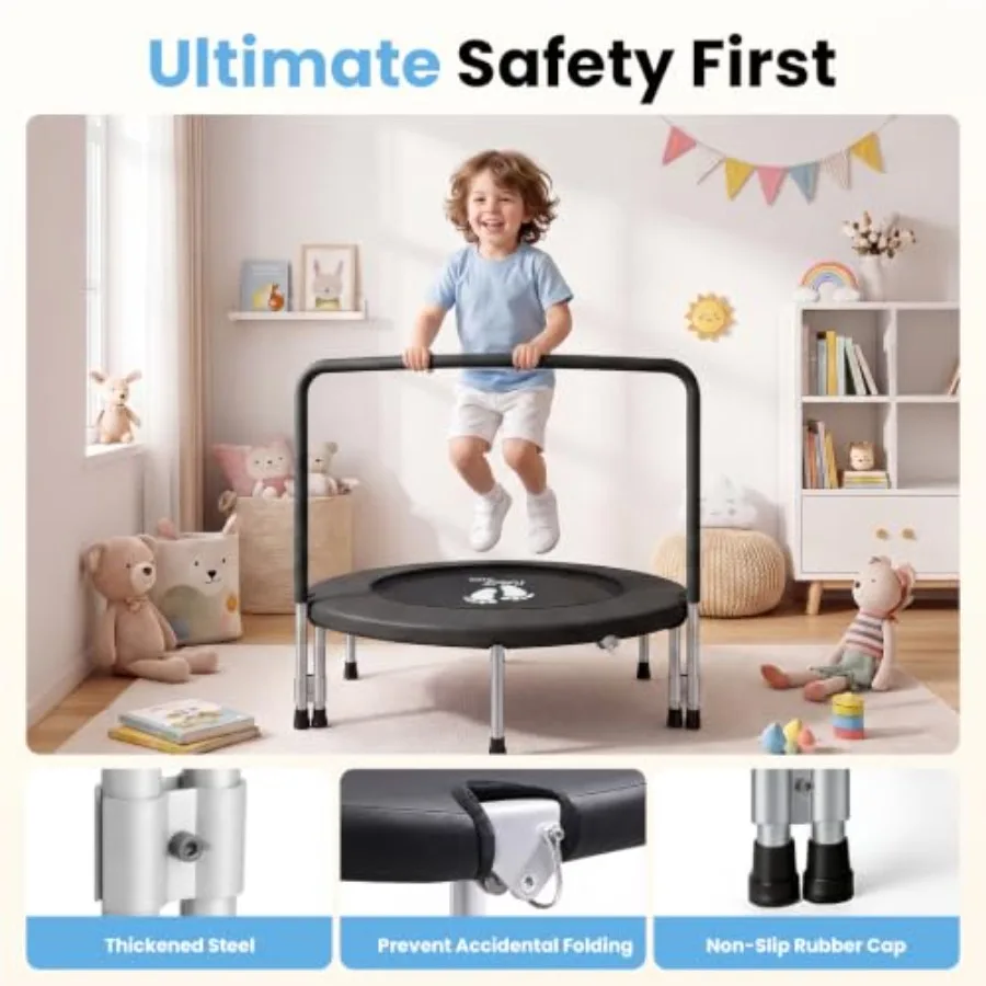36 Inch Toddler Trampoline For Indoor And Garden Use With Thick Safety Pad In Blue And Gray Featuring Durable Steel Frame Adjus
