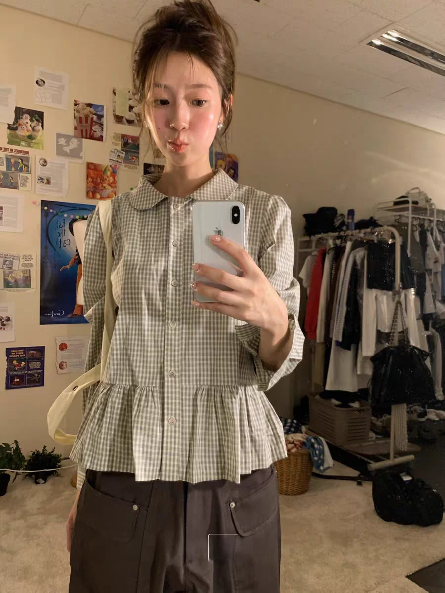 

Милая женская рубашка в клетку с длинным рукавом, отложным воротником и кружевной отделкой, повседневная, свободного кроя, из хлопка и полиэстера, весна 2026