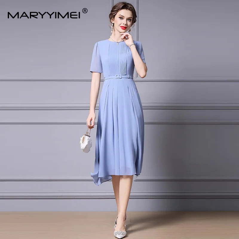 

MARYYIMEI Women's Elegant Commuter Dress Short-Sleeved Lace-Up Slim Solid Summer Office Work simple Dresses