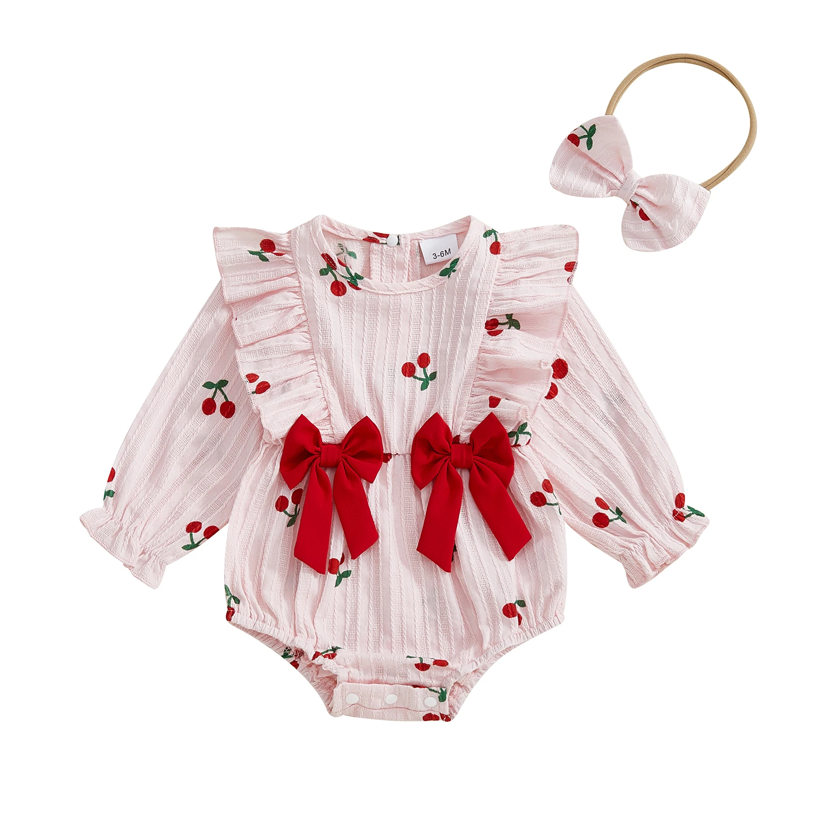 

Baby Girl Fall Bubble Romper Cherry Print Long Sleeve Round Neck Ruffled Bow Jumpsuit with Headband