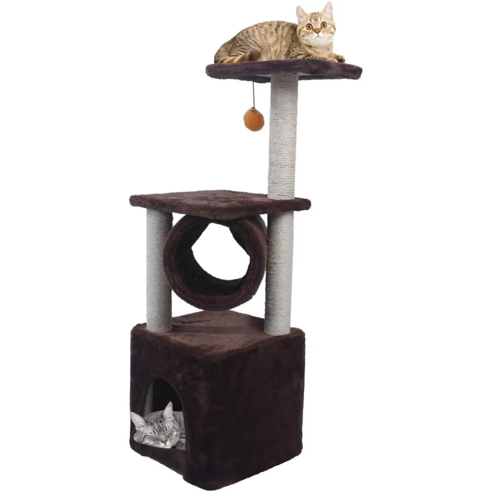 

36" 3-Level Cat Tree Tower: Indoor Cat Condo with Tunnel, Scratching Posts & Climbing Stand for Kittens