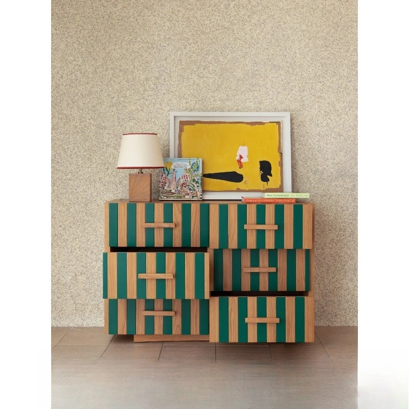 Fend * i case retro green contrasting color striped side cabinet six chest cabinet storage entrance cabinet living room