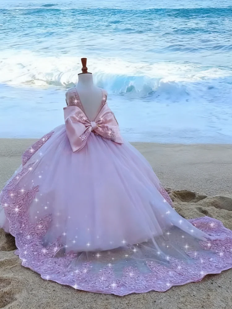 Gorgeous Pink Flower Girl Dress Puffy Tulle Skirt Appliqué Large Bow Long Train Birthday Party Dress for Little Girls