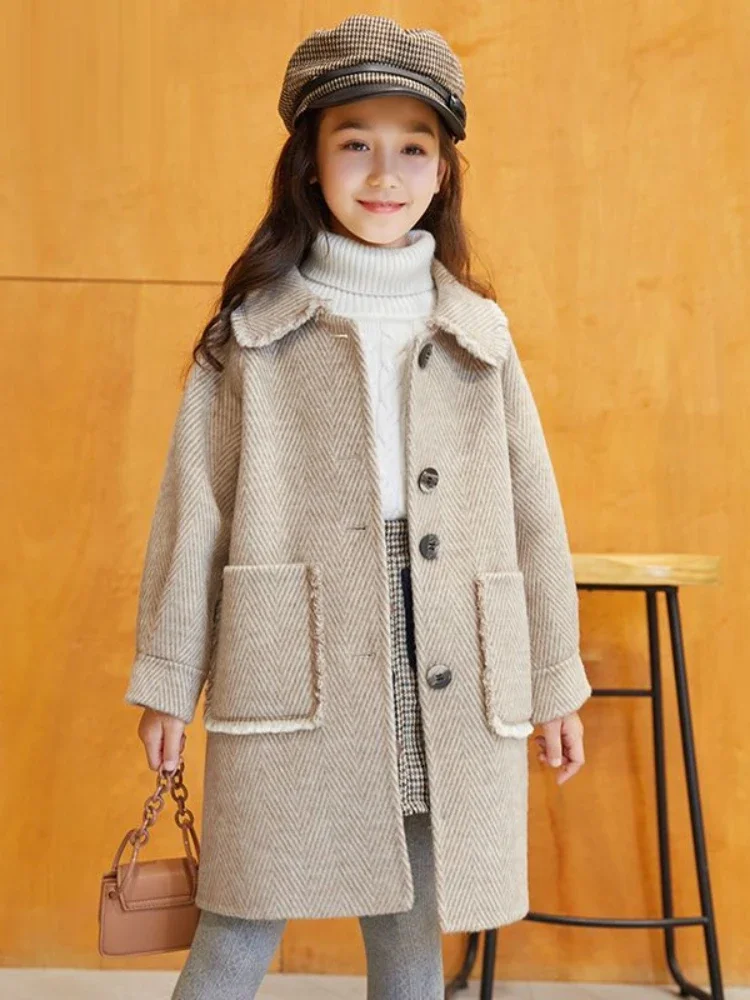 Girls Woolen Coat Autumn New Korean Version Foreign Style Coat Long Fashion Spring and Autumn Korean Simple Style Clothes