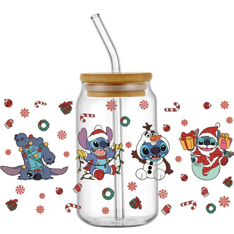 Stitch Christmas Serials 16 OZ UV DTF Cup Wrap Transfer Sticker Waterproof Selfadhsive Washable DIY Decals For Glass Libbey Can