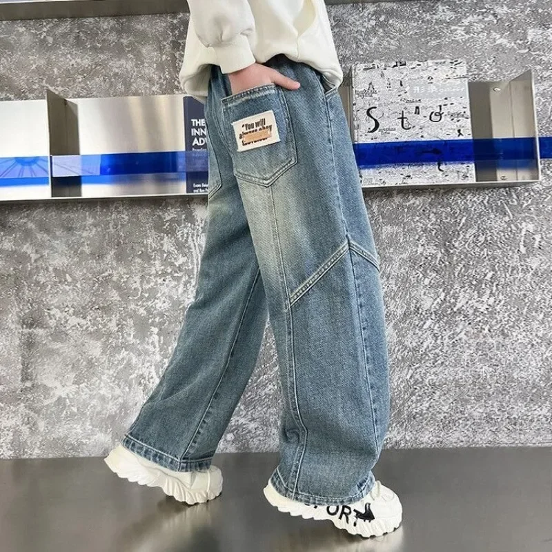 

Medium-Sized Children's Jeans Spring Autumn Boys Loose Straight Leg Pants Blue Wide Leg Pants Stylish Handsome Kids Trousers