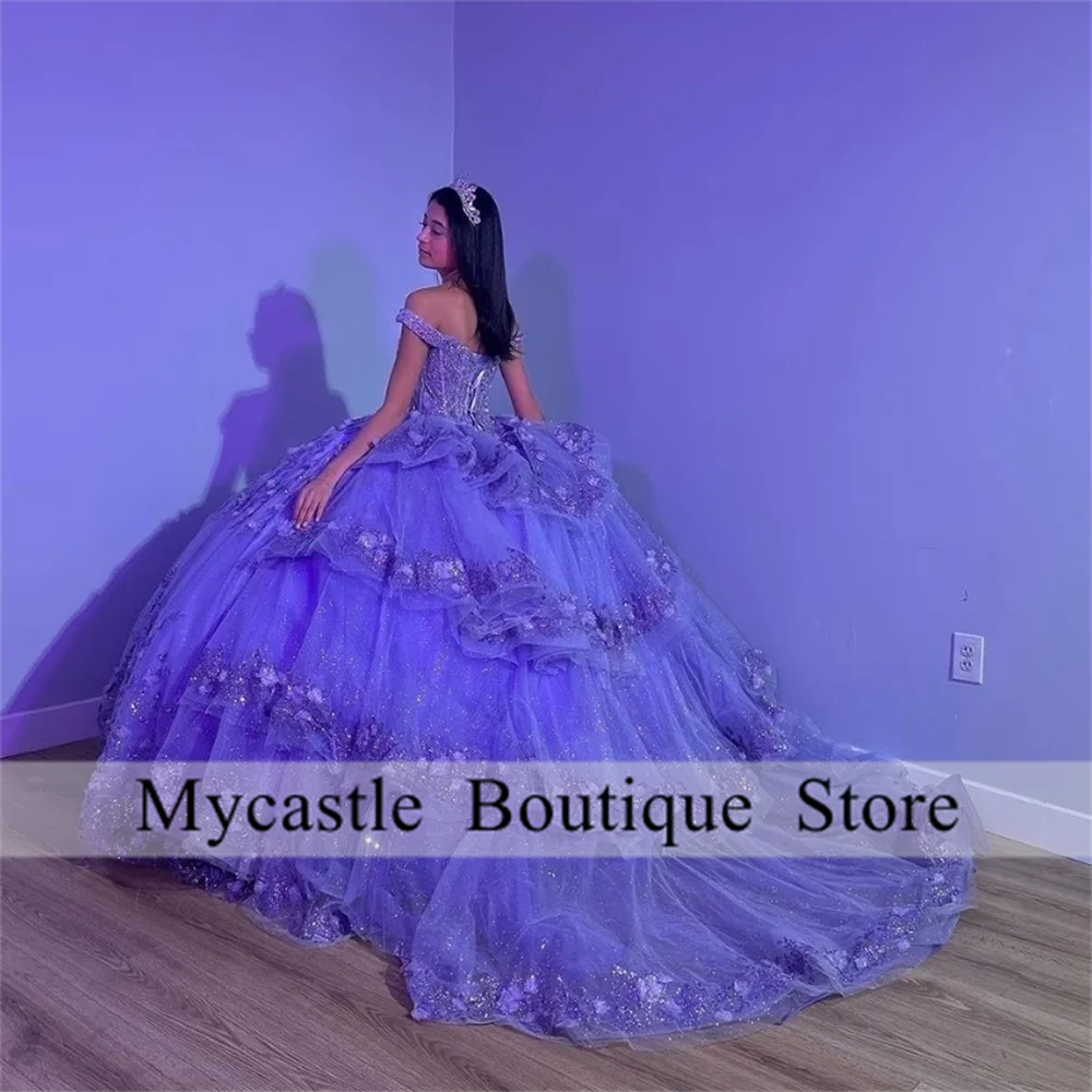 Vestidos de quinceañera de princesa hinchados brillantes morados 2025, cuentas con hombros descubiertos, Gillter Floral 3D con cordones, Vestidos personalizados de 15 años