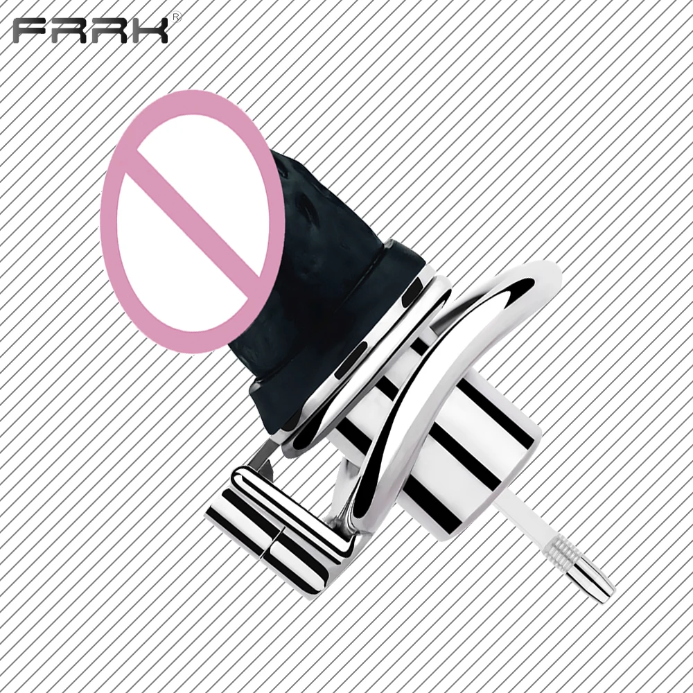 FRRK BDSM Inverted Chastity Belt with M Black Dildo Negative Cock Cage Metal Cylinder Penis Rings Adults Sex Toys 남자 용품