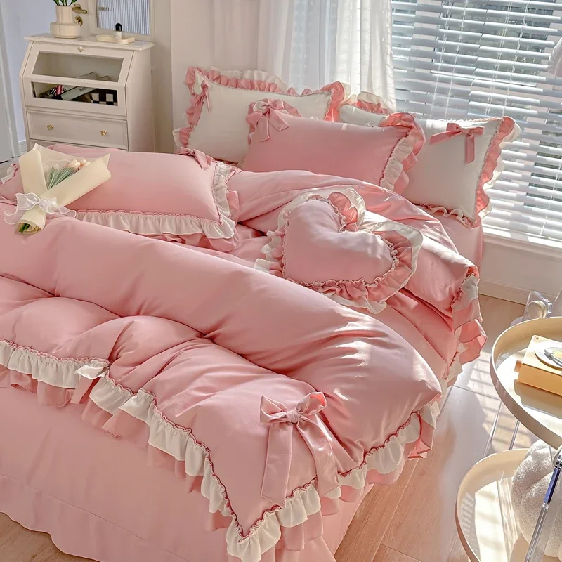 

Strawberry Washed Cotton Bedding Set roupa de cama Lace Ruffles Bedsheet Set with Pillowcase for Girls White and Blue Bedclothes