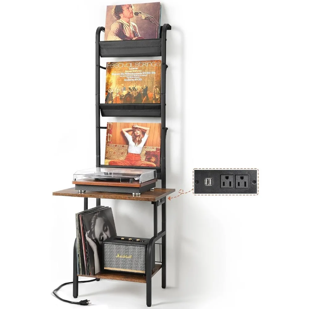 

Record Player Stand with Power Outlet, Record Player Table with Vinyl Record Storage up to 200 Albums, Turntable Stand with Reco