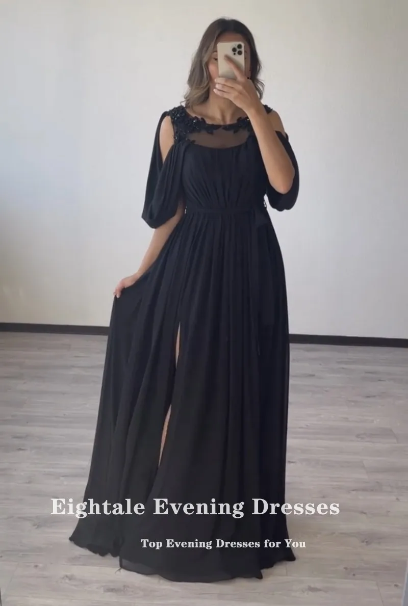 Abiti da sera da donna formali ottavi lunghezza del pavimento arabo Appliques o-collo nero a-line abiti da ballo per feste robe de soirée