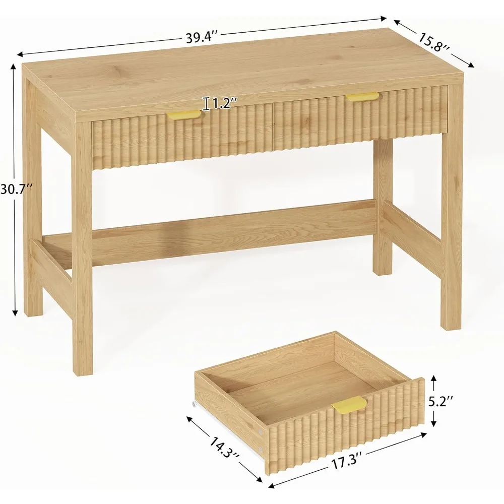 39 Inch Small Fluted Computer Desk with 2 Drawers for Bedroom Home Office