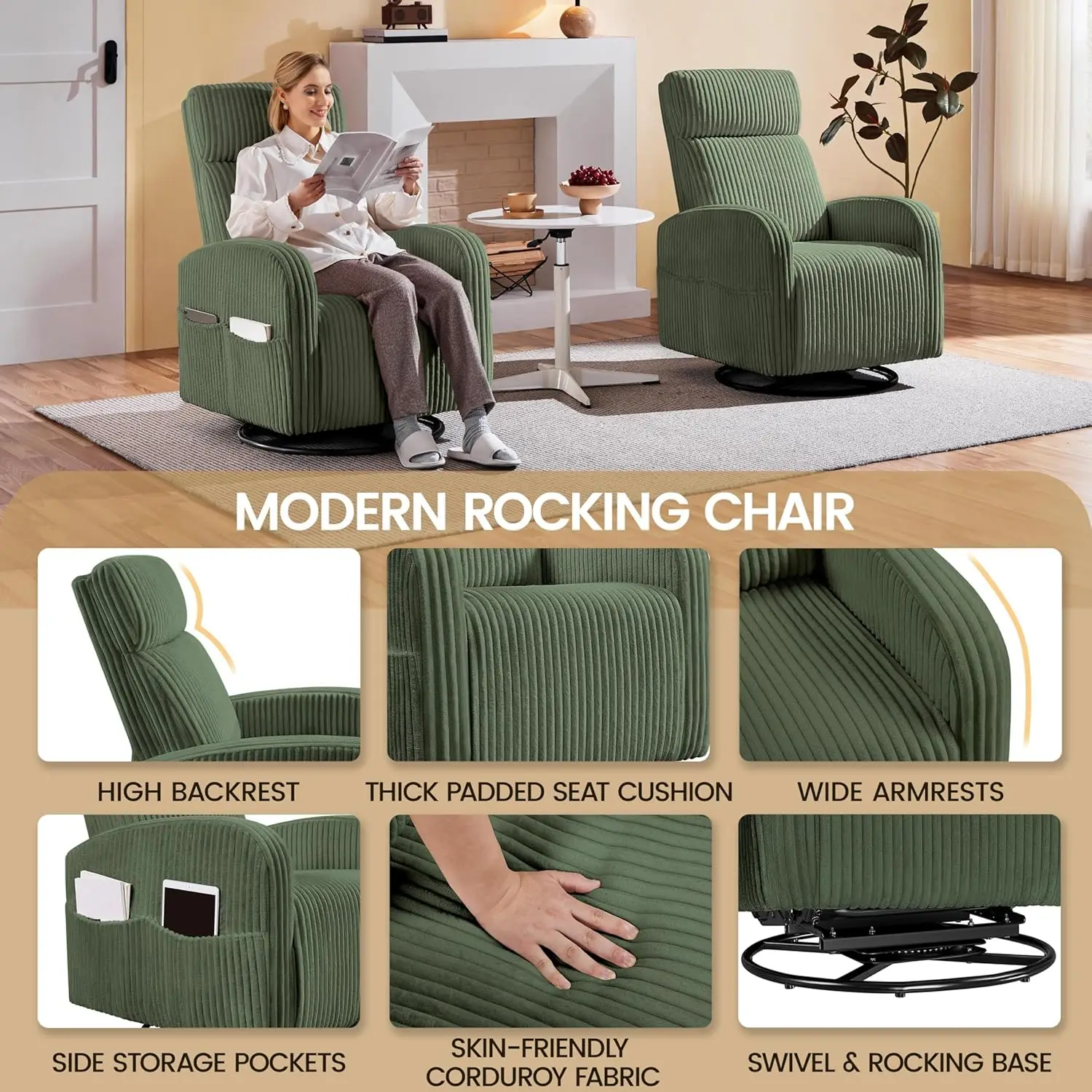 360 ° Silla giratoriaGliderChair NurseryRockingChair Silla de enfermería Bolsillos laterales Pana Sala de estar Respaldo alto Verde oscuro