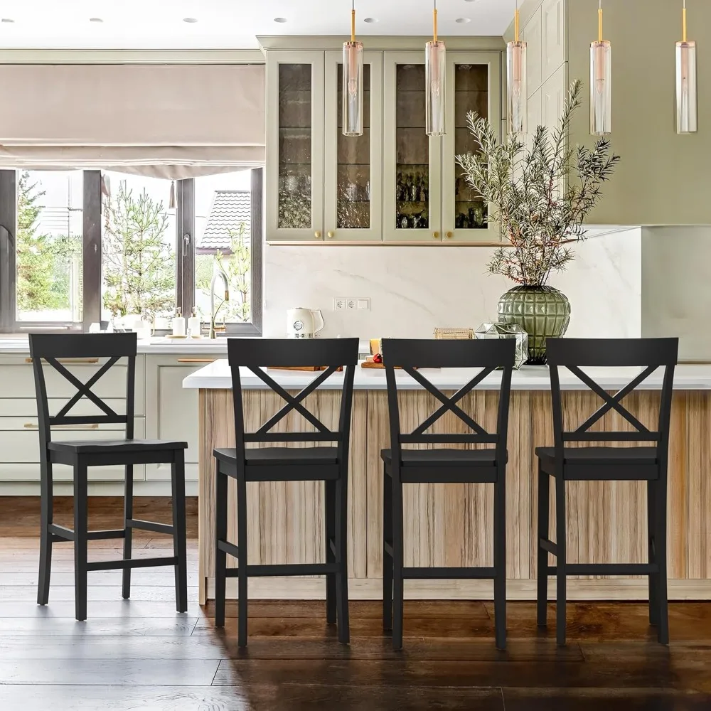 مجموعة مقاعد بار بارتفاع عداد مكونة من 4 قطع، مقاعد خشبية 24 ساعة مع مسند للظهر والقدمين، مقاعد للبار للمزرعة على شكل حرف X للمطبخ