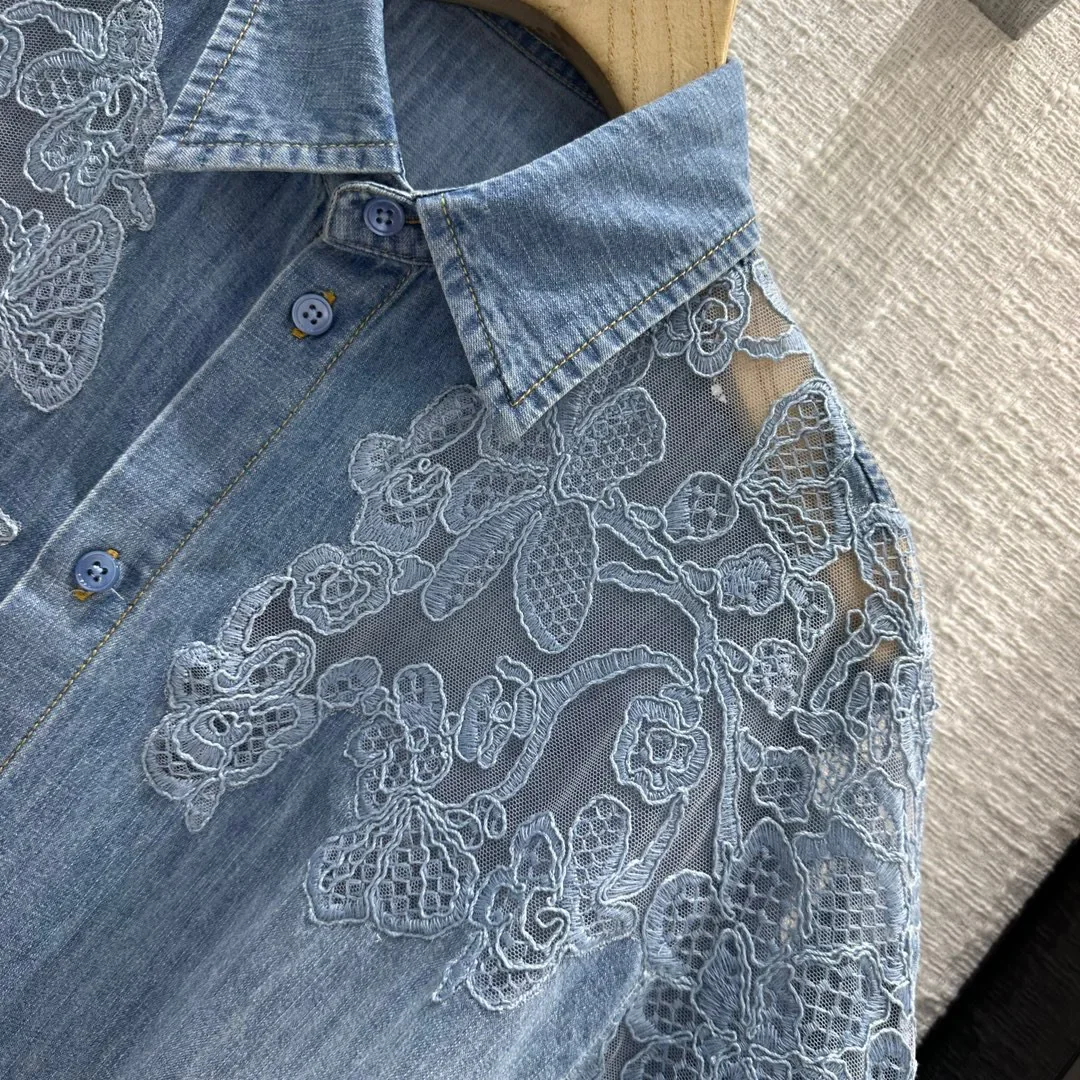 Young Women\'s Shirts 2024 Fashion Trends Women\'s tops and shirts Fashion 100% pure cotton denim flower lace embroidered shirts