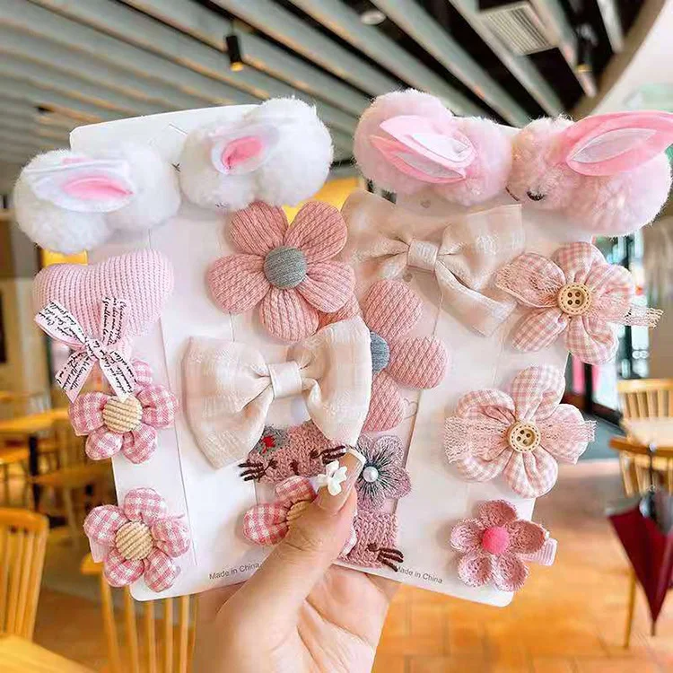 8/9Pcs Set Cartoon Rabbit Hair Clips for Girls Cute Flower Hairpins Children Plush Bunny Hairpin Barrettes Kids Hair Accessories