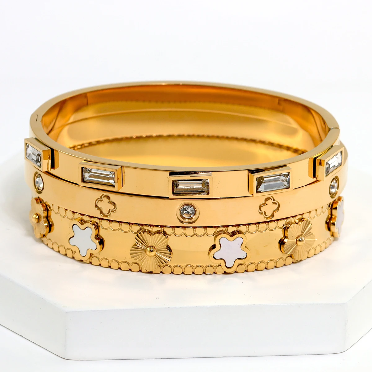 3 قطعة/المجموعة الأوروبية والأمريكية الأزياء الفولاذ المقاوم للصدأ سوار للنساء مع زهرة تصميم مجموعات الإسورة والمجوهرات #2