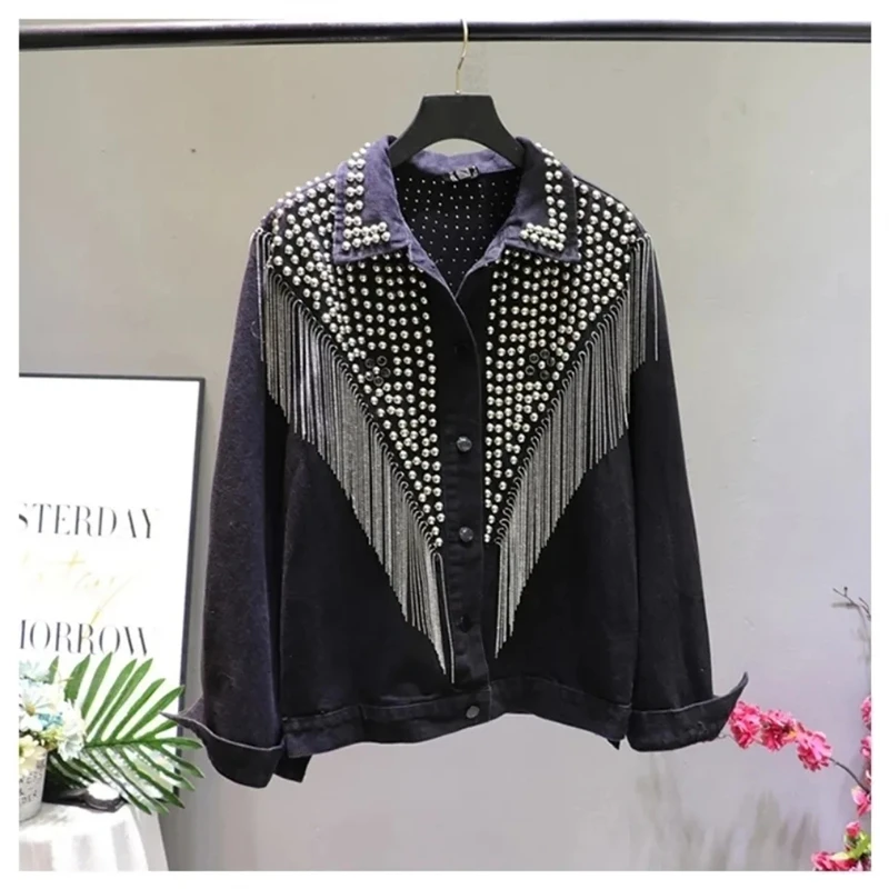 2024 New Autumn Korean Denim Jacket Women Coat Rivet Tassels Women's Jacket Casual Female Jeans Jackets Coats