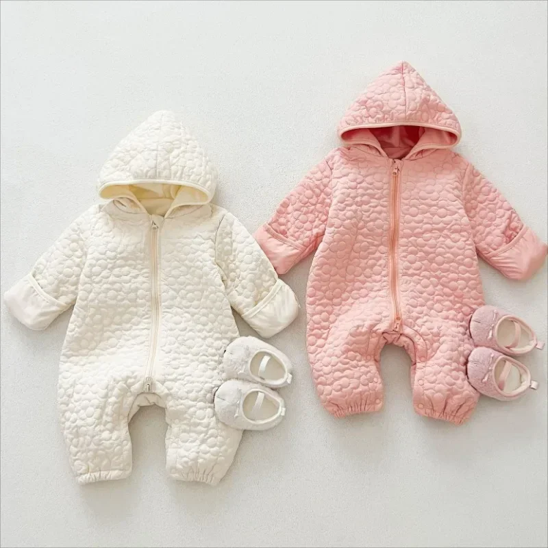 

Winter Baby Fur Lining Rompers Boys Jumpsuits Newborn Solid Hooded Bodysuit Infant Cotton Thicken Snow Suit Warm Outwear 0-24m