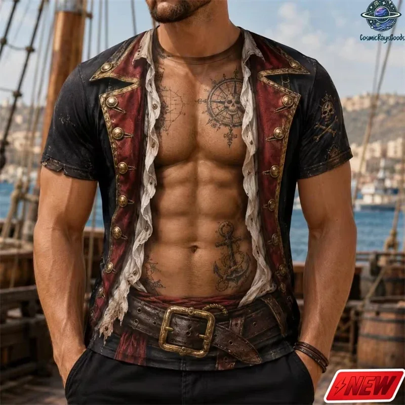 Men Funny 3D Fake Ripped Muscle Body Print T‑Shirt Tropical Floral Flamingo Surfboard Short Sleeve Beach Crew Neck Tee Tops