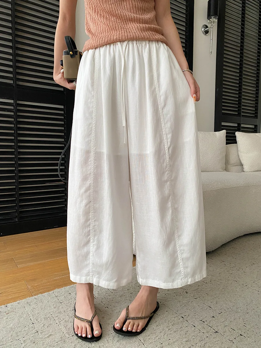 Sommerliche High-Waist-Hose mit weitem Bein für Damen, lässige, einfarbige, locker sitzende Hose – Detail 38
