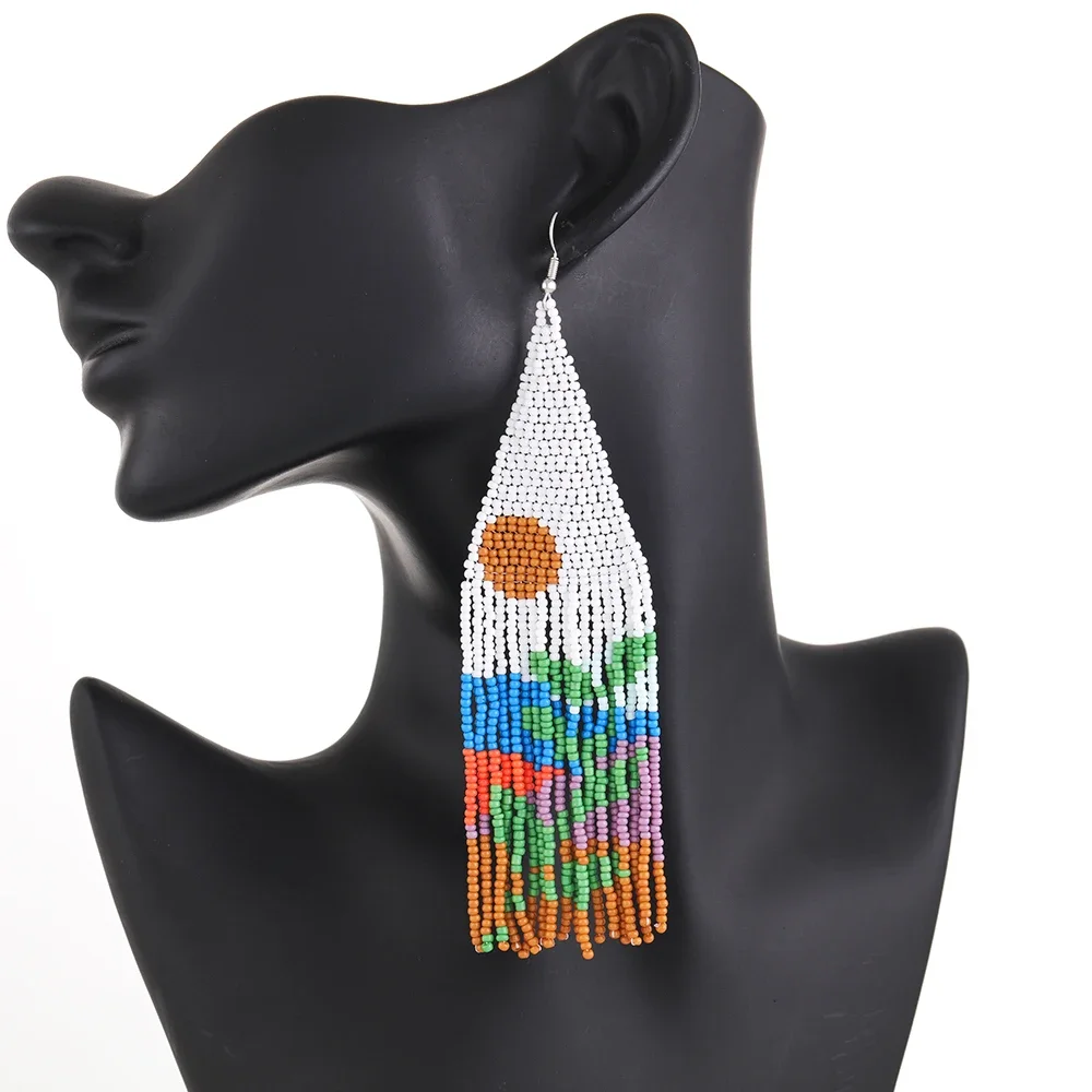 Bohemia Rice Bead Earrings with Plant Color Mixing Tassels Hand-Weaving Simple Beaded Ethnic Style Original Design Jewelry