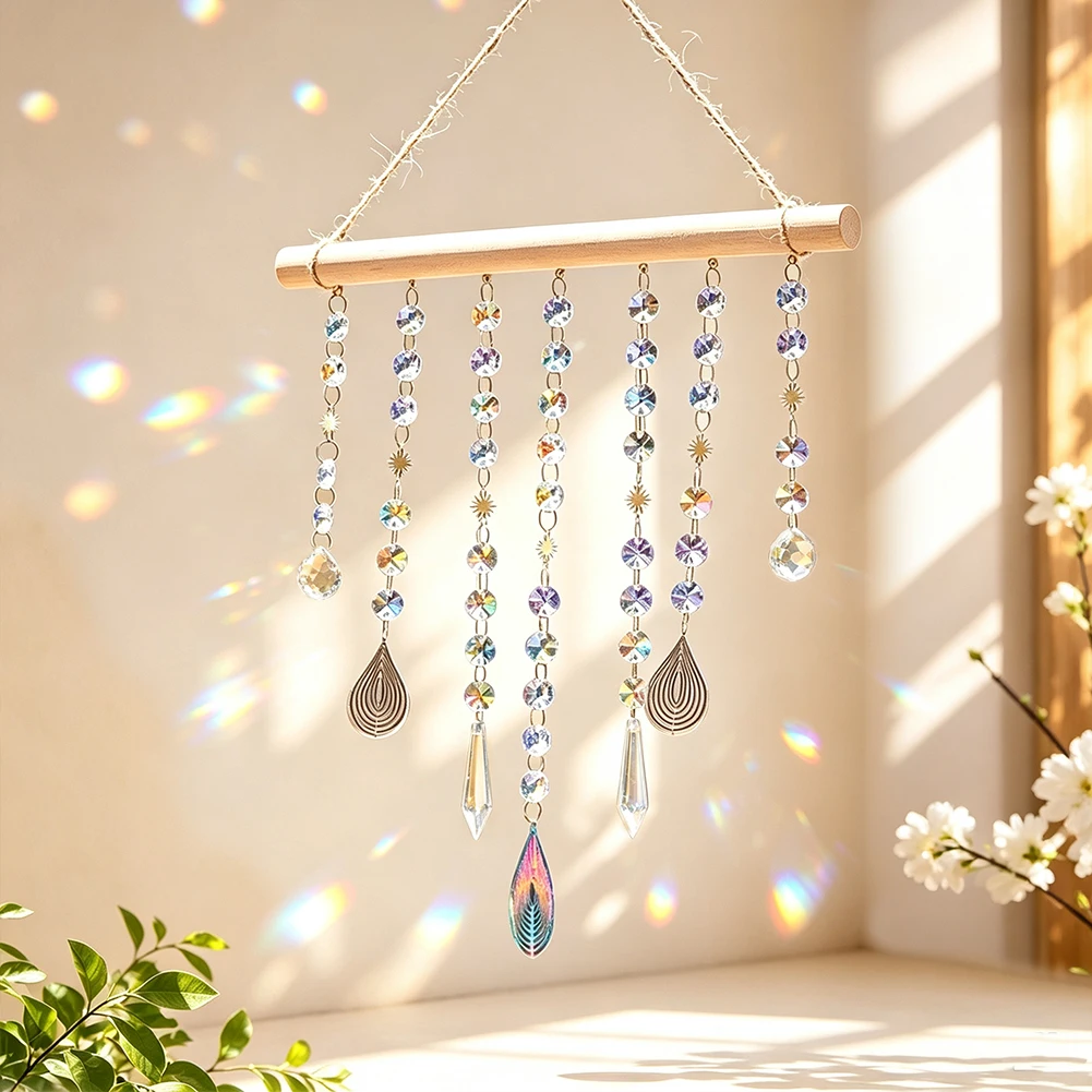 Crystal Suncatcher Wind Chimes Prism Drop Wind Spinner Wooden Hanging Pendant Glass Bead Chain Rainbow Maker Garden Window Decor