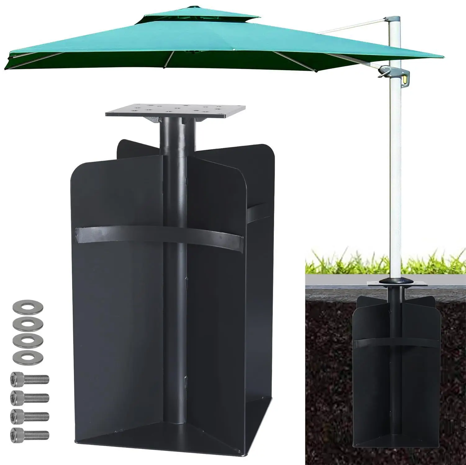 Ground-entry umbrella base for offset cantilever umbrellas, stainless steel outdoor umbrella base