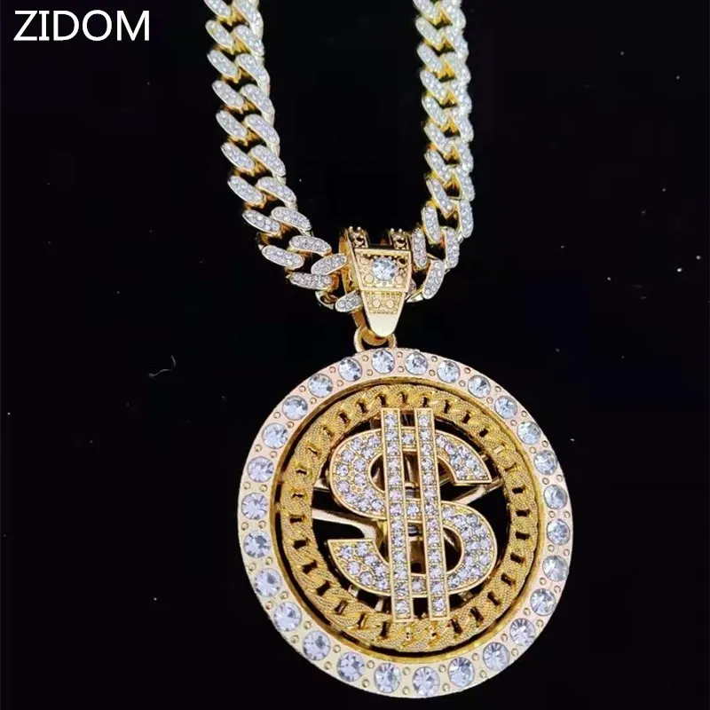 Men Hip hop Iced out Bling Rotatable Dollar Pendant Necklace crystal Cuban Chain Hiphop Necklaces fashion Charm jewelry