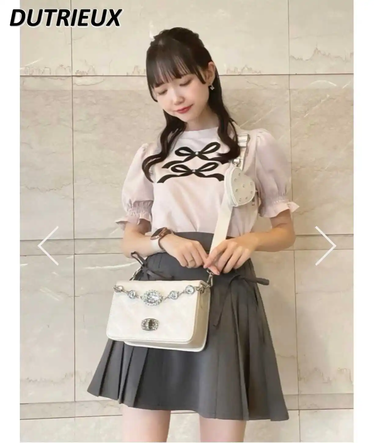 Japanese Style Sweet Girl Pleated Short Skirt Summer New All-Match Bow Decoration High Waist Slimming Solid Color Mini Skirts