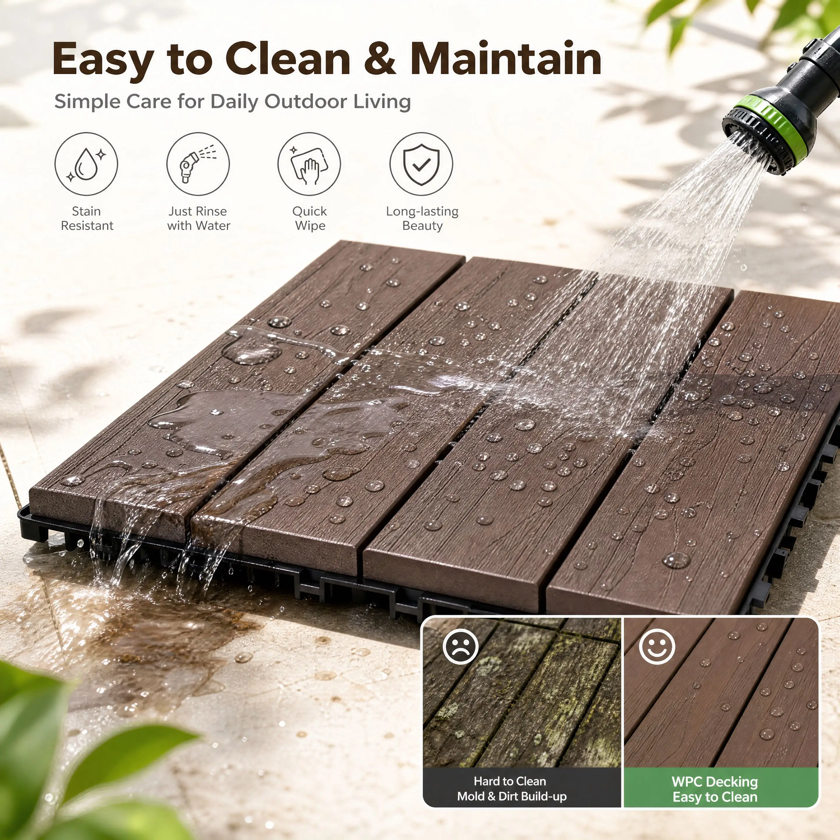 10pcs  Outdoor WPC Deck Tiles Wood Grain Interlocking Flooring Panels for Balcony Patio Garden Terrace DIY Installation