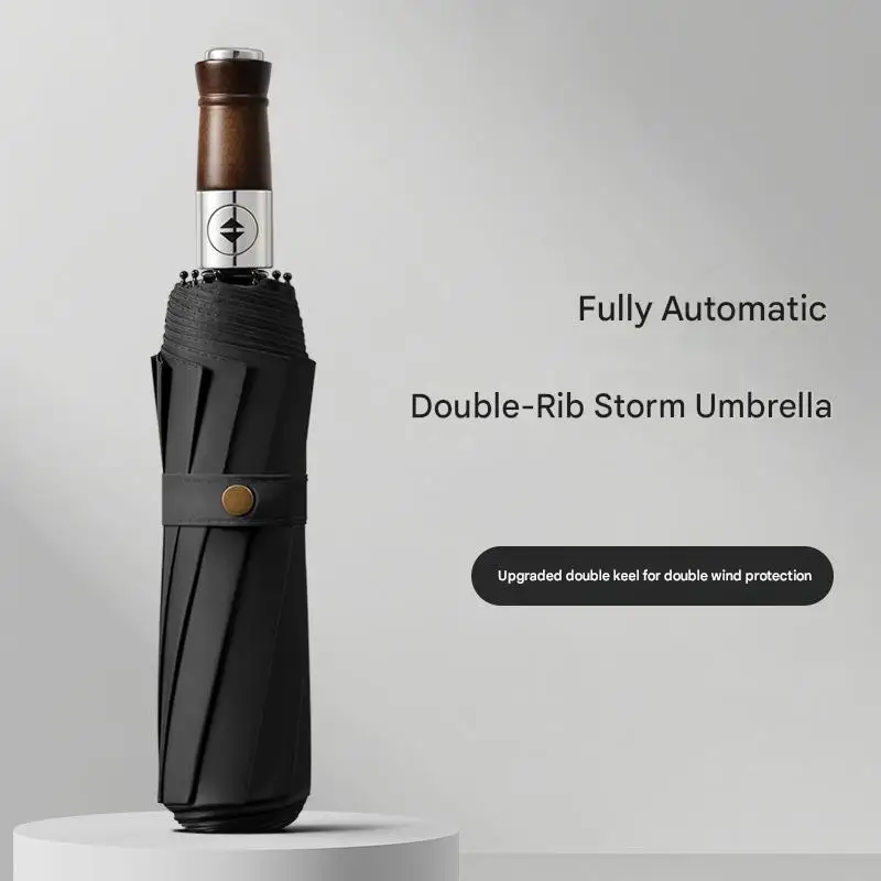 10 Ribs Wooden Handle Tri-Fold Fully Automatic Umbrella UV Protection Rain Sun Business Advertising Gift Umbrella