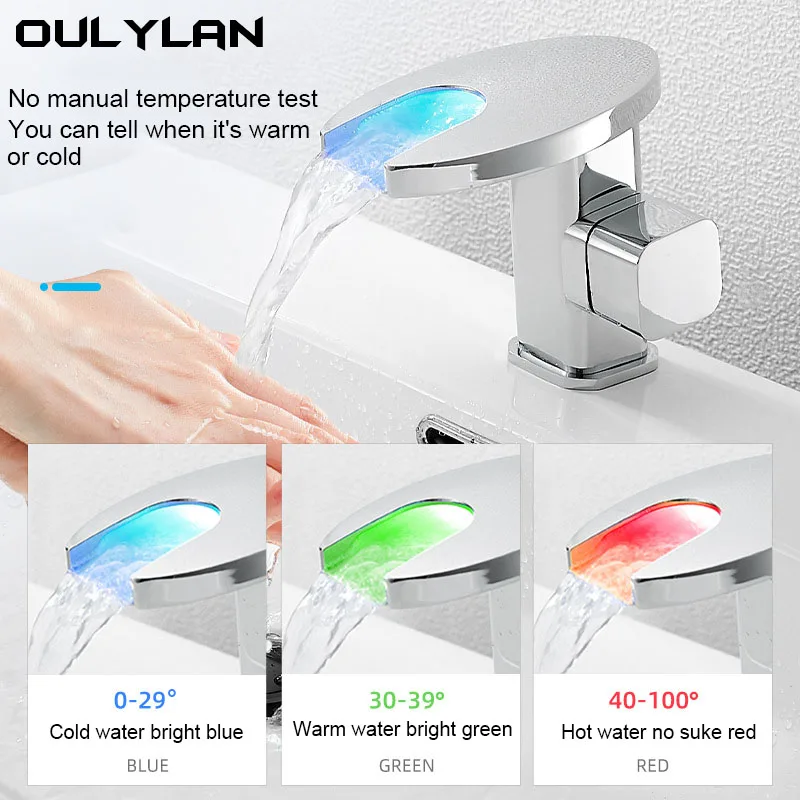 

Smart Hydropower LED Waterfall Faucet Bathroom All Copper Cold and Hot Water Mixer Tap Basin Temperature Color Change Faucet