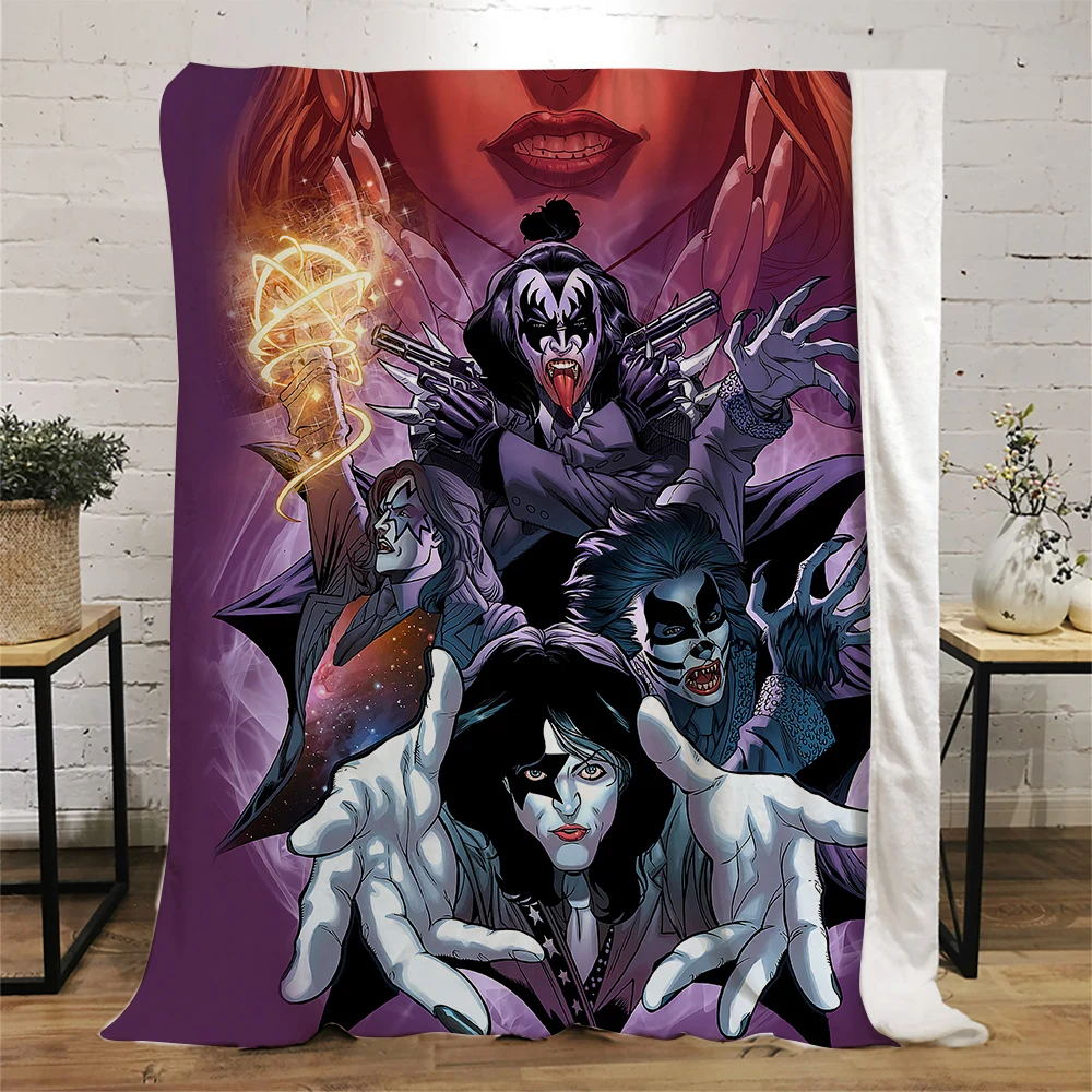 

HX Fashion Flannel Blankets 3D Graphic Kiss Rock Metal Band Concert Print Throw Blanket Keep Warm Plush Quilts Dropshipping