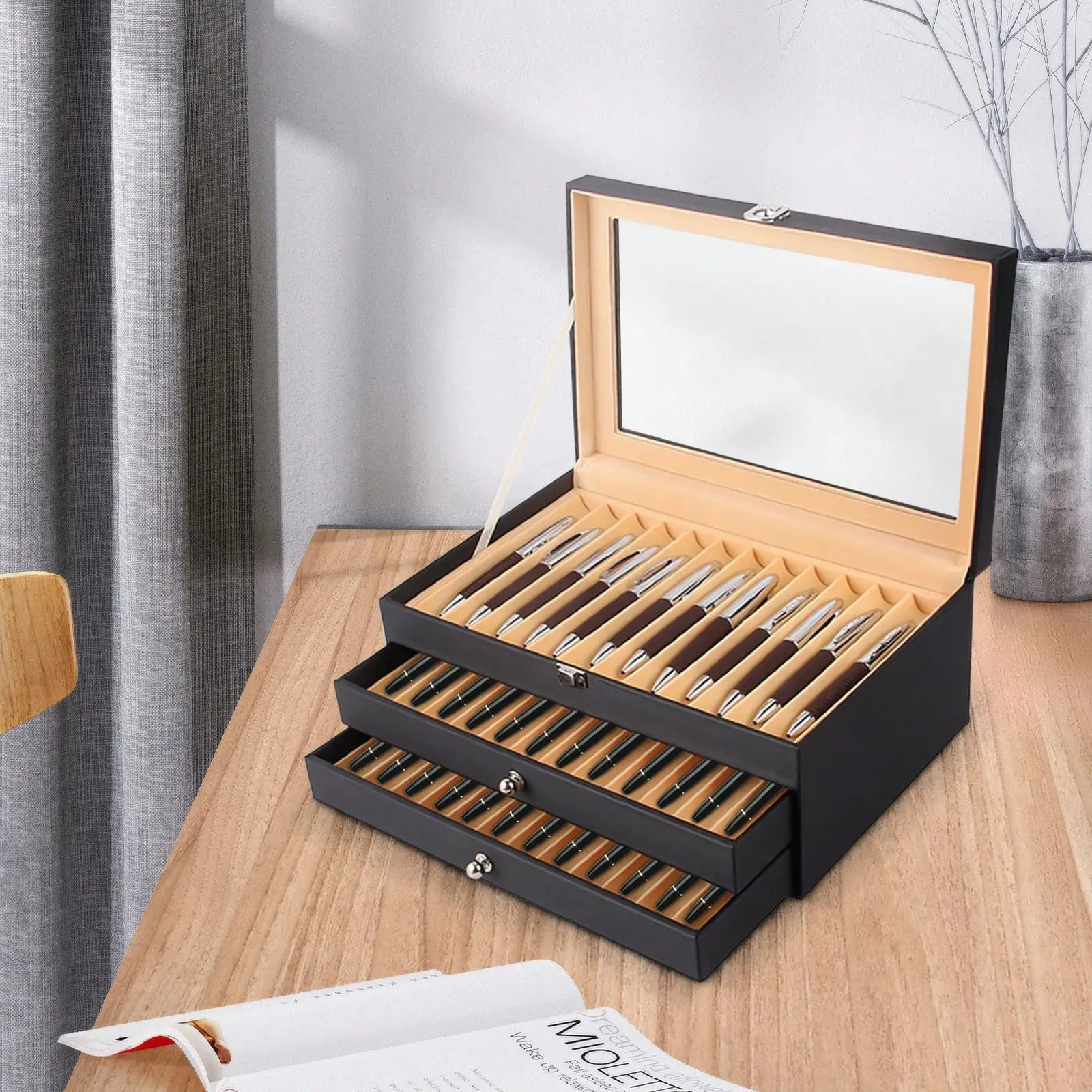 Pen Display Case 36 Slot Black Pen Collector Organizer Box Collection Tray Case Pen Display Storage Holder With Drawer