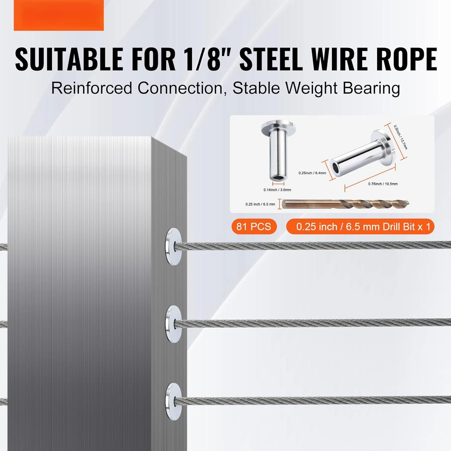 81 Pack T316 Stainless Steel Protector Sleeves for 1/8" Wire Rope Cable Railing, DIY Balustrade T316 Marine Grade, Silver