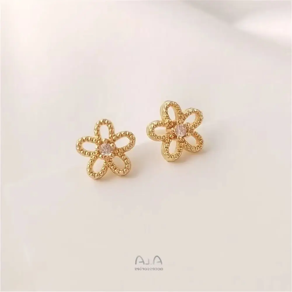 

S925 silver needle 14K gold color set with zircon hollow florets ear stud 7mm six petal flower ear pin exquisite earrings