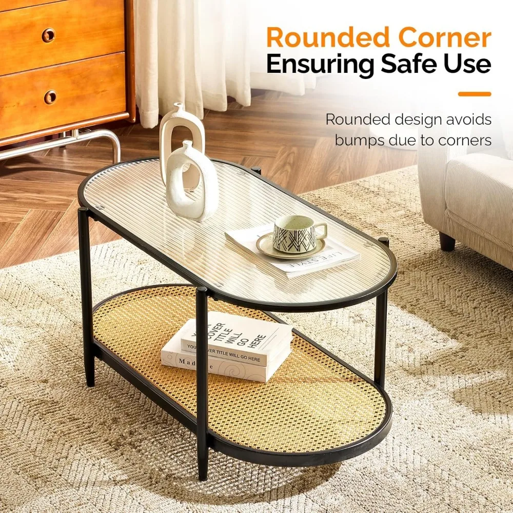38" Oval Coffee Table with Rattan Shelf, Glass Metal Coffe Table, Skinny Coffee Tables with 2-Tier Storage, Modern Center Table