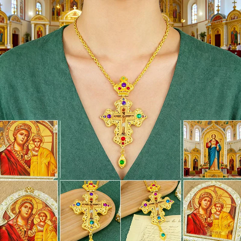 Luxuriöse Orthodoxe Pektoralkreuz-Halskette, vergoldet mit violetten Kristallakzenten, Kruzifix-Ikone für Priesterliturgie & Andacht – Detail 2