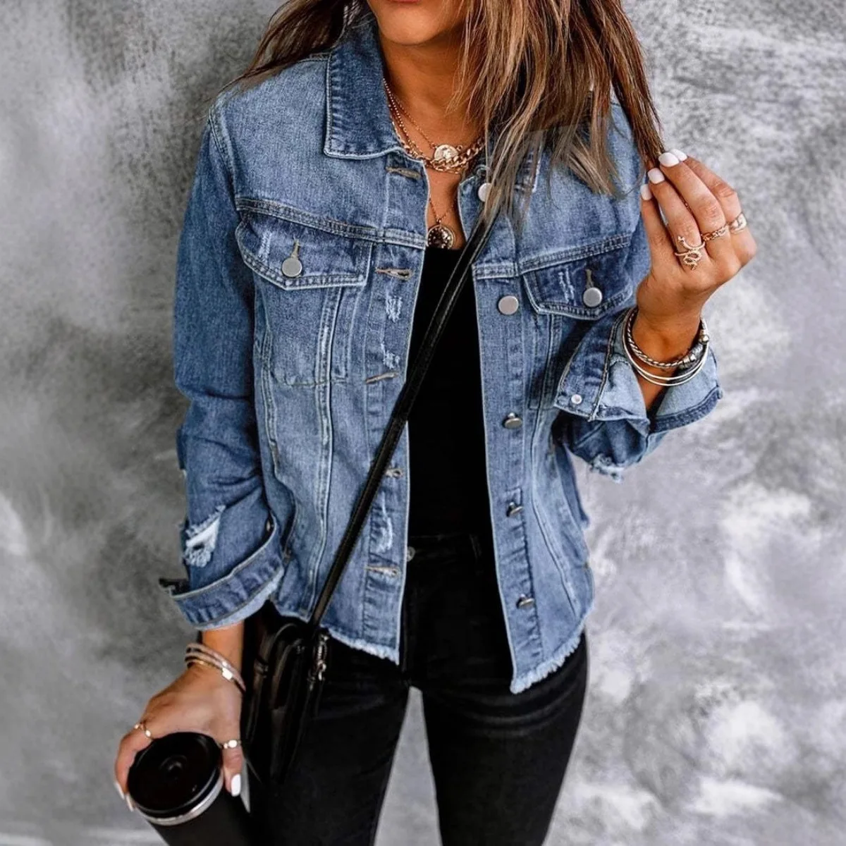 Women's Long-Sleeved Denim Jacket 2026 Washed with Water Worn out Collar Top for Casual Wear