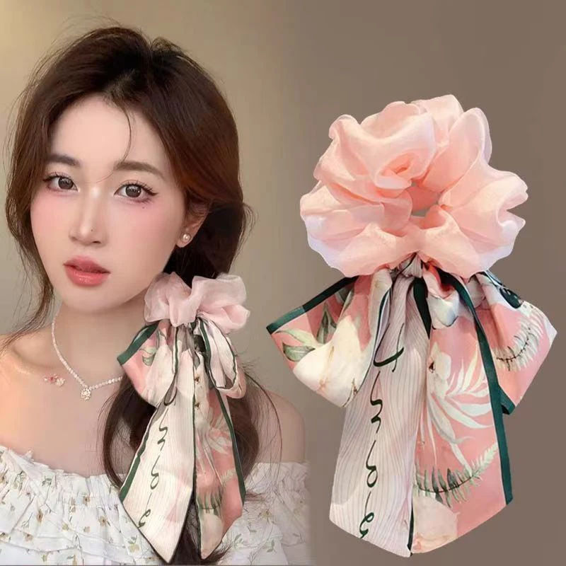 

Printed Bow Hair Rope Elegant Ribbon Ponytail Hair Band For Women Sweet Rubber Band Hair Ring Fashion Headdress Hair Accessories