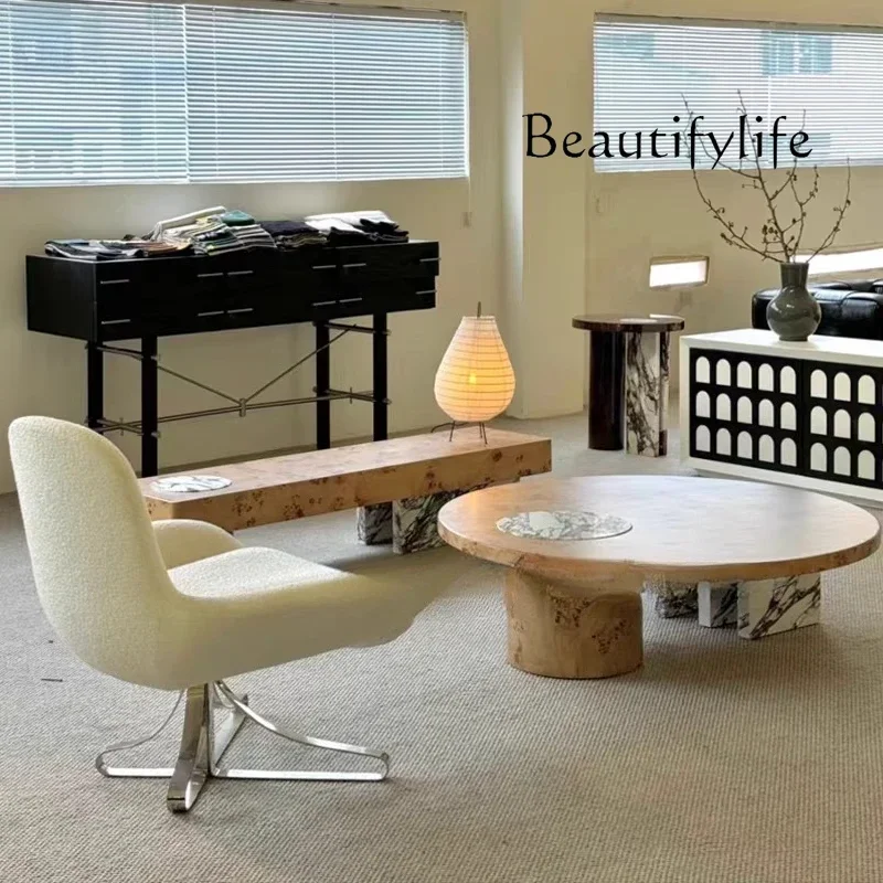 

Italian minimalist rock slab round coffee table light luxury modern high-end combination solid wood coffee table tea table