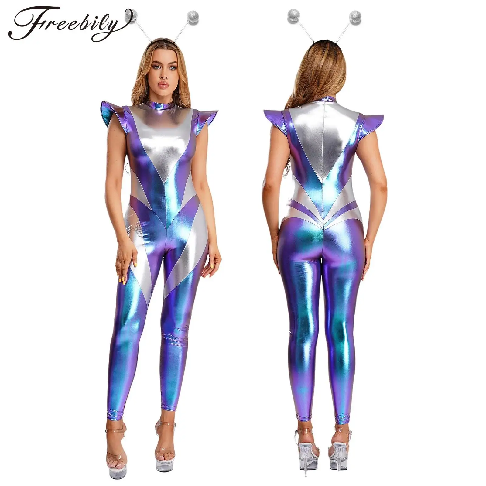 Women Alien Astronaut Robot Cosplay Performance Costume Metallic Shiny Jumpsuit with Hairband for Halloween Space Theme Party