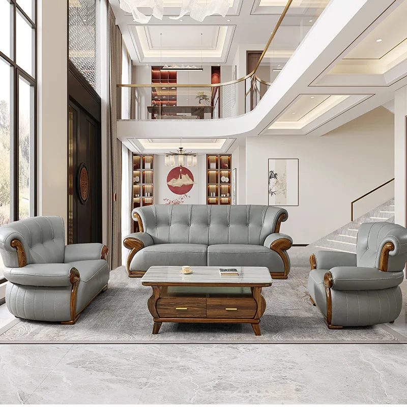 

Leather sofa ebony three high-end large flat floor living room villa first layer cowhide