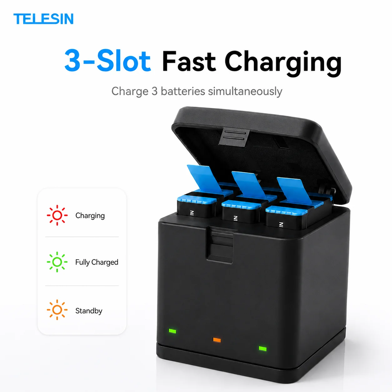 TELESIN 고프로 히어로 5 6 7 8 블랙 카메라용 LED 라이트 배터리 충전기 보관함, C타입 케이블, 3 슬롯, 1220mAh 3 팩 배터리 썸네일 4