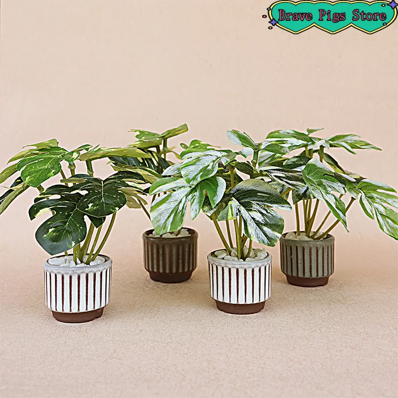 Mini Simulation Monstera Potted Model Green Plant Decoration House Living Decor Accessories