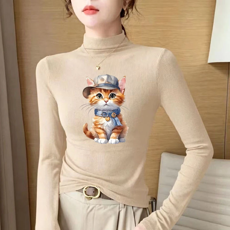 Winter Women's Thermal Brushed Fleece Half Mock Neck Long Sleeve T Shirt Orange Cat Denim Hat Graphic Warm Tee