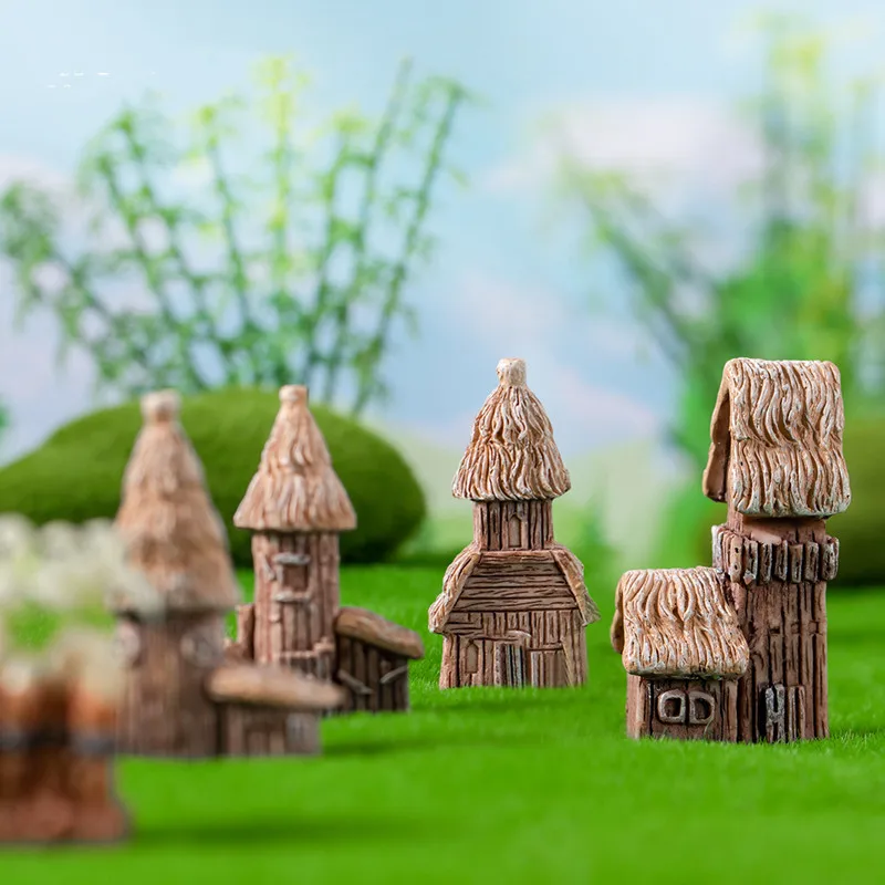 Figurine Miniature Cute Rural Thatched Castle Houses Micro Landscape Resin Ornaments For Home Decorations Desktop Decor Room